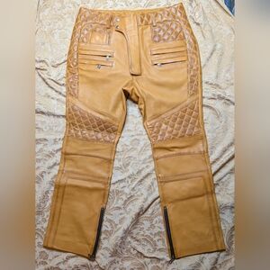 Leather Cult Outlaw Burnt Mustard Leather Tapered Moto Pants Zip Ankle 40" Waist